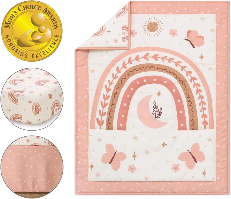 The Peanut Shell 3 Piece Baby Crib Bedding Set for Girls - Newborn, Infant & Toddler Nursery Bed Set Decor with Fitted Crib Sheet, Dust Ruffle, Crib Comforter - Boho Rainbow - Image 2